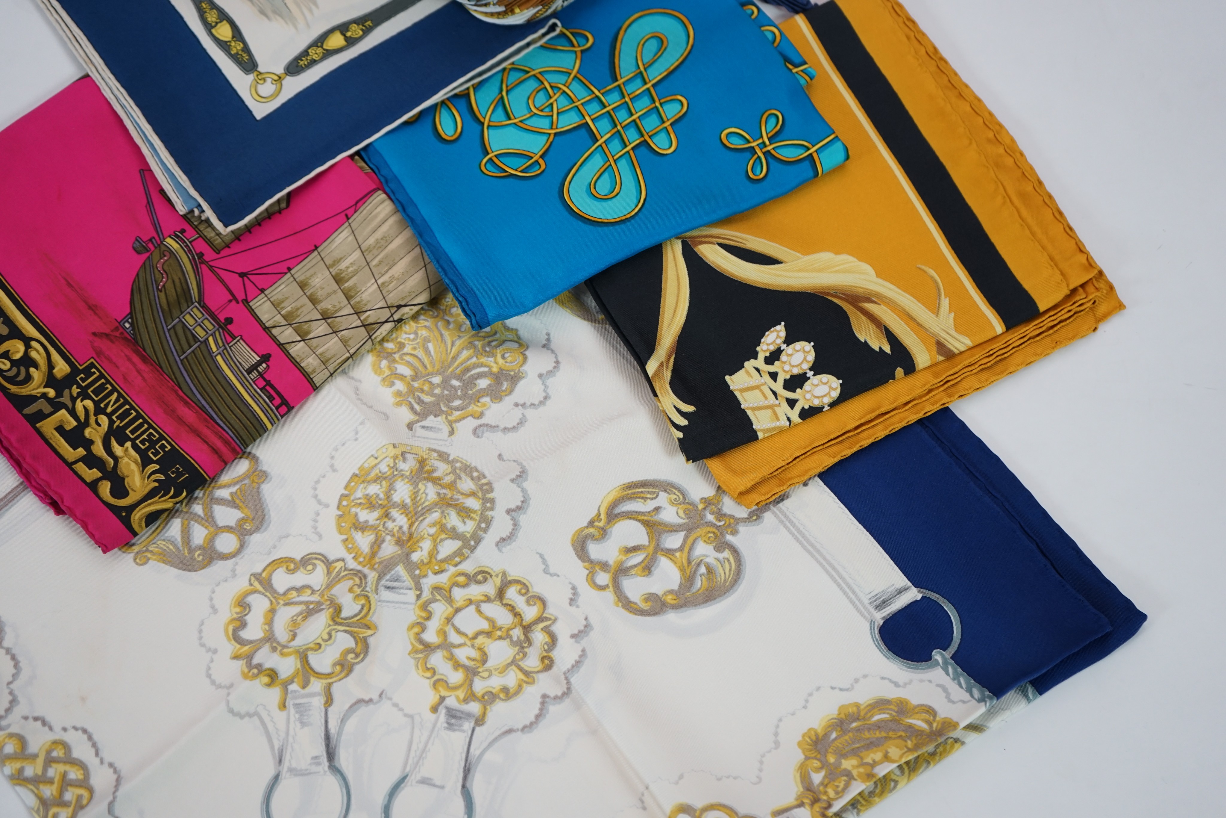 Six Hermes silk scarves